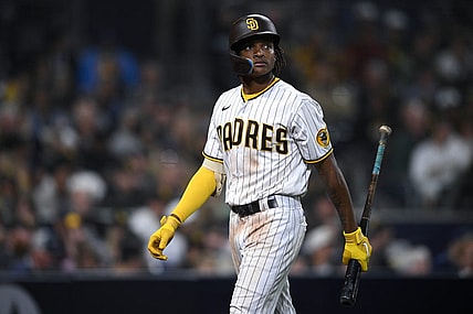 May 6, 2022; San Diego, California, USA; San Diego Padres second baseman C.J. Abrams (77) looks on after striking out during the seventh inning against the Miami Marlins at Petco Park. Mandatory Credit: Orlando Ramirez-USA TODAY Sports