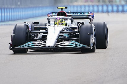 May 8, 2022; Miami Gardens, Florida, USA; Mercedes driver Lewis Hamilton of Britain races on the backstretch during the Miami Grand Prix at Miami International Autodrome. Mandatory Credit: John David Mercer-USA TODAY Sports