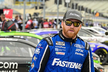 May 21, 2022; Fort Worth, Texas, USA; NASCAR Cup Series driver Chris Buescher (17) during practice for the NASCAR All-Star race at Texas Motor Speedway. Mandatory Credit: Jerome Miron-USA TODAY Sports