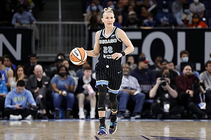 May 24, 2022; Chicago, Illinois, USA; Chicago Sky guard Courtney Vandersloot (22) brings the ball up court against the Indiana Fever during the first half at Wintrust Arena. Mandatory Credit: Kamil Krzaczynski-USA TODAY Sports
