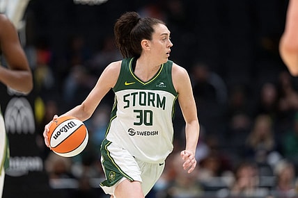 May 29, 2022; Seattle, Washington, USA; Seattle Storm forward Breanna Stewart (30) dribbles the ball against the New York Liberty at Climate Pledge Arena. Mandatory Credit: Stephen Brashear-USA TODAY Sports