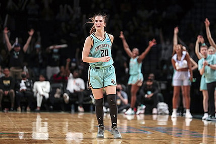 Jun 1, 2022; Brooklyn, New York, USA; New York Liberty guard Sabrina Ionescu (20) celebrate after the Indiana Fever call timeout in the fourth quarter at Barclays Center. Mandatory Credit: Wendell Cruz-USA TODAY Sports