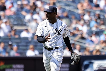 Jun 4, 2022; Bronx, New York, USA; New York Yankees starting pitcher Luis Severino (40) reacts to a strikeout to end the sixth inning against the Detroit Tigers at Yankee Stadium. Mandatory Credit: Jessica Alcheh-USA TODAY Sports