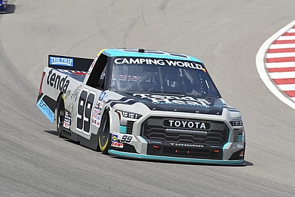 Jun 4, 2022; Madison, Illinois, USA; Camping World Truck Series driver Ben Rhodes (99) races during the 9th Annual Toyota 200 at World Wide Technology Raceway at Gateway. Mandatory Credit: Joe Puetz-USA TODAY Sports