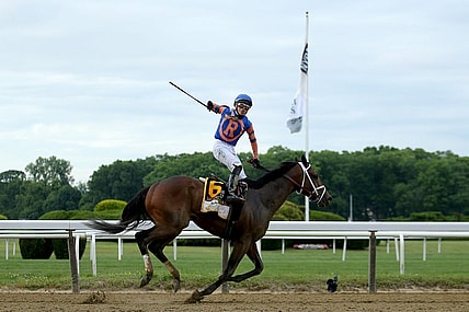 Jun 11, 2022; Elmont, NY, USA; Irad Ortiz, Jr. reacts after winning the Belmont Stakes atop Mo Donegal (6) in the Belmont Stakes, the eleventh race at Belmont Park Racetrack. Mandatory Credit: Brad Penner-USA TODAY Sports