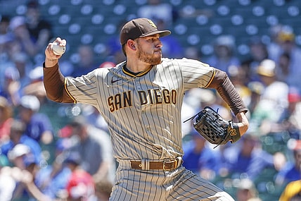Jun 16, 2022; Chicago, Illinois, USA; San Diego Padres starting pitcher Joe Musgrove (44) delivers against the Chicago Cubs during the first inning at Wrigley Field. Mandatory Credit: Kamil Krzaczynski-USA TODAY Sports