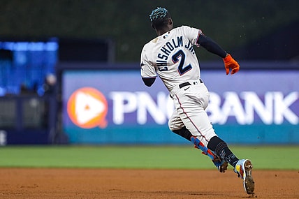 Jun 23, 2022; Miami, Florida, USA; Miami Marlins second baseman Jazz Chisholm Jr. (2) runs after hitting a double during the first inning against the Colorado Rockies at loanDepot Park. Mandatory Credit: Sam Navarro-USA TODAY Sports