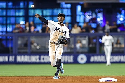 Jun 23, 2022; Miami, Florida, USA; Miami Marlins second baseman Jazz Chisholm Jr. (2) throws to first base to retire Colorado Rockies designated hitter C.J. Cron (not pictured) during the fifth inning at loanDepot Park. Mandatory Credit: Sam Navarro-USA TODAY Sports