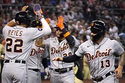 Jun 24, 2022; Phoenix, Arizona, USA; Detroit Tigers shortstop Javier Baez (28) celebrates with teammates after hitting a grand run against the Arizona Diamondbacks during the third inning at Chase Field. Mandatory Credit: Joe Camporeale-USA TODAY Sports