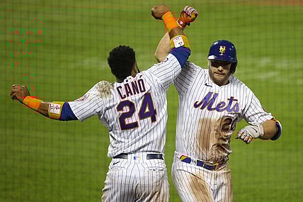 Sep 9, 2020; New York City, New York, USA; New York Mets designated hitter Pete Alonso (20) celebrates his solo go ahead home run against the Baltimore Orioles with second baseman Robinson Cano (24) during the eighth inning at Citi Field. Mandatory Credit: Brad Penner-USA TODAY Sports