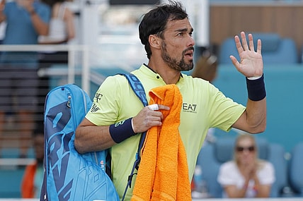 Mar 27, 2022; Miami Gardens, FL, USA; Fabio Fognini (ITA) waves to the crowd while leaving the court after his match against Nick Kyrgios (AUS)(not pictured) in a third round men's singles match in the Miami Open at Hard Rock Stadium. Mandatory Credit: Geoff Burke-USA TODAY Sports
