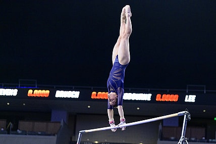 Apr 14, 2022; Fort Worth, TX, USA; UCLA gymnast Norah Flatley during the session two semi finals at Dickies Arena. Mandatory Credit: Jerome Miron-USA TODAY Sports