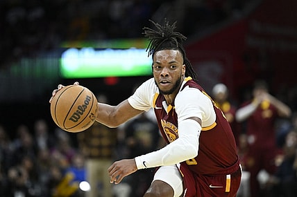 Apr 15, 2022; Cleveland, Ohio, USA; Cleveland Cavaliers guard Darius Garland (10) dribbles the ball in the third quarter against the Atlanta Hawks at Rocket Mortgage FieldHouse. Mandatory Credit: David Richard-USA TODAY Sports