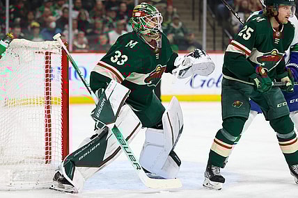 Apr 21, 2022; Saint Paul, Minnesota, USA; Minnesota Wild goaltender Cam Talbot (33) defends during the first period against the Vancouver Canucks at Xcel Energy Center. Mandatory Credit: Matt Krohn-USA TODAY Sports