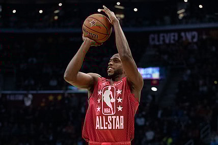 February 20, 2022; Cleveland, Ohio, USA; Team Durant forward Khris Middleton of the Milwaukee Bucks (22) during the second quarter in the 2022 NBA All-Star Game at Rocket Mortgage FieldHouse. Mandatory Credit: Kyle Terada-USA TODAY Sports