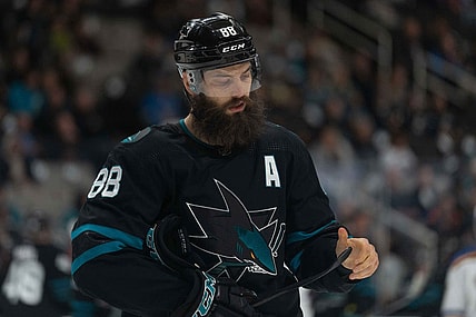 Apr 21, 2022; San Jose, California, USA;  San Jose Sharks defenseman Brent Burns (88) during the first period against the St. Louis Blues at SAP Center at San Jose. Mandatory Credit: Stan Szeto-USA TODAY Sports