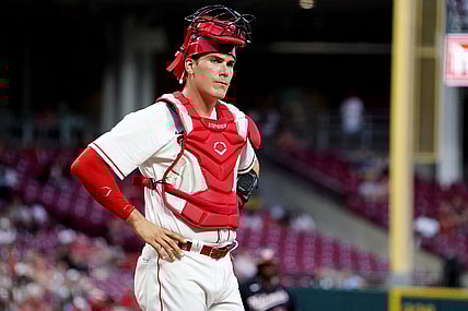Cincinnati Reds catcher Tyler Stephenson (37) looks toward the dugout during a pitching change in the seventh inning of a baseball game against the Washington Nationals, Friday, June 3, 2022, at Great American Ball Park in Cincinnati. The Washington Nationals won, 8-5.

Washington Nationals At Cincinnati Reds June 3 0030