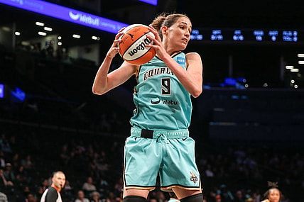 Jun 1, 2022; Brooklyn, New York, USA;  New York Liberty guard Rebecca Allen (9) at Barclays Center. Mandatory Credit: Wendell Cruz-USA TODAY Sports