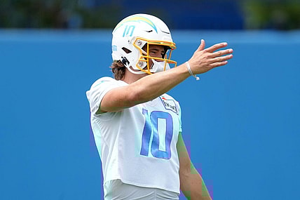 Jun 14, 2022; Costa Mesa, California, USA; Los Angeles Chargers quarterback Justin Herbert (10) during minicamp at the Hoag Performance Center. Mandatory Credit: Kirby Lee-USA TODAY Sports