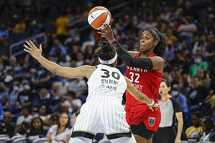 Jun 17, 2022; Chicago, Illinois, USA; Atlanta Dream forward Cheyenne Parker (32) looks to pass the ball against Chicago Sky forward Azura Stevens (30) during the first half of a WNBA game at Wintrust Arena. Mandatory Credit: Kamil Krzaczynski-USA TODAY Sports