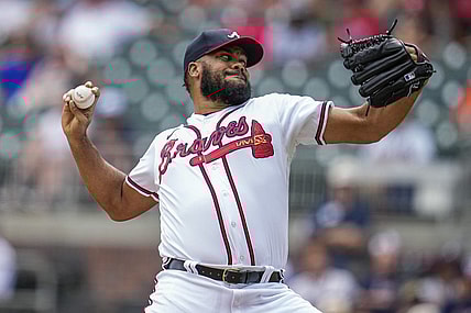 Jun 23, 2022; Cumberland, Georgia, USA; Atlanta Braves relief pitcher Kenley Jansen (74) pitches against the San Francisco Giants during the ninth inning at Truist Park. Mandatory Credit: Dale Zanine-USA TODAY Sports