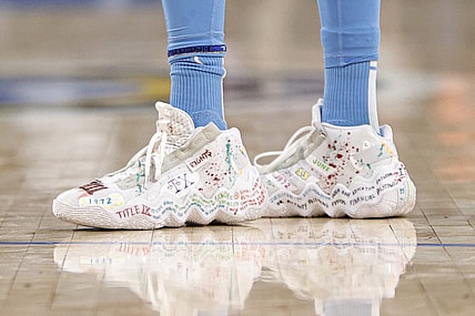 Jun 26, 2022; Chicago, Illinois, USA; Chicago Sky forward Candace Parker (3) shoes are seen during the first half of a WNBA game at Wintrust Arena. Mandatory Credit: Kamil Krzaczynski-USA TODAY Sports