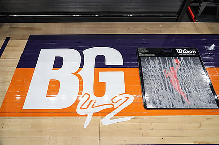 Jun 29, 2022; Phoenix, Arizona, USA; BG42 signage is shown on the court at Footprint Center in support of Phoenix Mercury center Brittney Griner (not pictured) prior to the game between the Phoenix Mercury and the Indiana Fever. Mandatory Credit: Joe Camporeale-USA TODAY Sports