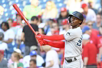 Jun 14, 2022; Philadelphia, Pennsylvania, USA; Miami Marlins second baseman Jazz Chisholm Jr. (2) against the Philadelphia Phillies at Citizens Bank Park. Mandatory Credit: Eric Hartline-USA TODAY Sports