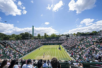 Jul 3, 2022; London, United Kingdom; General view of Court 2 during the Marie Bouzkova (CZE) and Caroline Garcia (FRA) match on day seven at All England Lawn Tennis and Croquet Club. Mandatory Credit: Susan Mullane-USA TODAY Sports