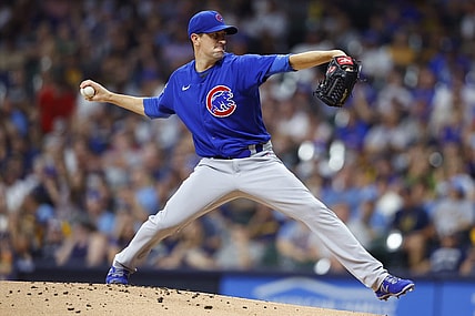 Jul 5, 2022; Milwaukee, Wisconsin, USA;  Chicago Cubs pitcher Kyle Hendricks (28) throws a pitch during the first inning against the Milwaukee Brewers at American Family Field. Mandatory Credit: Jeff Hanisch-USA TODAY Sports