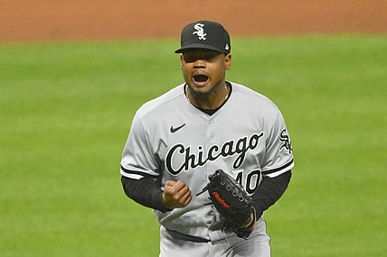 Jul 13, 2022; Cleveland, Ohio, USA; Chicago White Sox relief pitcher Reynaldo Lopez (40) reacts in the seventh inning against the Cleveland Guardians at Progressive Field. Mandatory Credit: David Richard-USA TODAY Sports