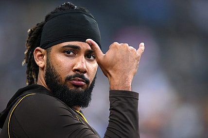 Jul 16, 2022; San Diego, California, USA; San Diego Padres shortstop Fernando Tatis Jr. (23) gestures toward the stands during the sixth inning against the Arizona Diamondbacks at Petco Park. Mandatory Credit: Orlando Ramirez-USA TODAY Sports