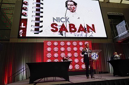 Jul 19, 2022; Atlanta, GA, USA; Alabama head coach Nick Saban talks to the media during SEC Media Days at the College Football Hall of Fame. Mandatory Credit: Dale Zanine-USA TODAY Sports