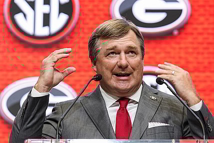 Jul 20, 2022; Atlanta, GA, USA; Georgia Bulldogs head coach Kirby Smart talks to the media during SEC Media Days at the College Football Hall of Fame. Mandatory Credit: Dale Zanine-USA TODAY Sports