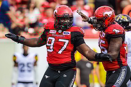 Sep 14, 2019; Calgary, Alberta, CAN; Calgary Stampeders defensive lineman Derek Wiggan (97) reacts in the second half against the Hamilton Tiger-Cats during a Canadian Football League game at McMahon Stadium. Mandatory Credit: Sergei Belski-USA TODAY Sports