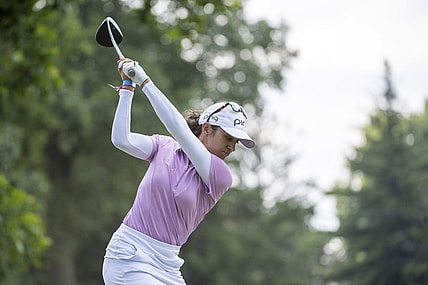 Aug 9, 2020; Sylvania, OH, USA; Paula Reto from South Africa tees off on the 3rd hole during the final round of the Marathon LPGA Classic golf tournament at Highlands Meadows Golf Club. Mandatory Credit: Marc Lebryk-USA TODAY Sports