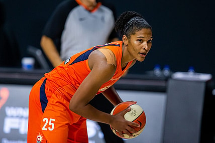 Sep 29, 2020; Bradenton, Florida, USA; Connecticut Sun forward Alyssa Thomas (25) looks to pass during game 5 of the WNBA semifinals between the Connecticut Suns and the Las Vegas Aces at IMG Academy. Mandatory Credit: Mary Holt-USA TODAY Sports