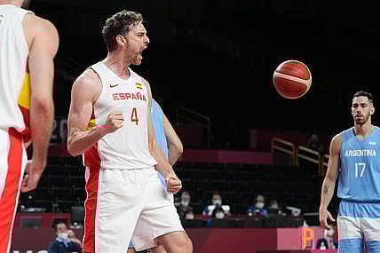 Jul 29, 2021; Saitama, Japan; Team Spain centre Pau Gasol (4) reacts in the third quarter against Argentina during the Tokyo 2020 Olympic Summer Games at Saitama Super Arena. Mandatory Credit: Kareem Elgazzar-USA TODAY Sports