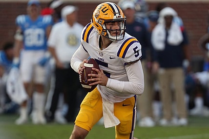 Oct 23, 2021; Oxford, Mississippi, USA; LSU Tigers quarterback Garrett Nussmeier (5) during the second half against the Mississippi Rebels at Vaught-Hemingway Stadium. Mandatory Credit: Petre Thomas-USA TODAY Sports