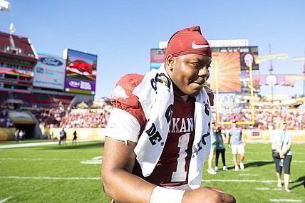 Jan 1, 2022; Tampa, FL, USA; Arkansas Razorbacks quarterback KJ Jefferson (1) smiles after the game against the Penn State Nittany Lions during the 2022 Outback Bowl at Raymond James Stadium. Mandatory Credit: Matt Pendleton-USA TODAY Sports