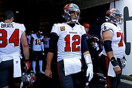 Jan 23, 2022; Tampa, Florida, USA; Tampa Bay Buccaneers quarterback Tom Brady (12) waits in the tunnel before playing the Los Angeles Rams during a NFC Divisional playoff football game at Raymond James Stadium. Mandatory Credit: Kim Klement-USA TODAY Sports