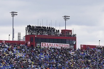 May 8, 2022; Darlington, South Carolina, USA; A general view of the press box and front stretch grand stands during the Goodyear 400 at Darlington Raceway. Mandatory Credit: Jasen Vinlove-USA TODAY Sports