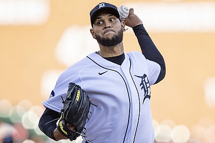 May 13, 2022; Detroit, Michigan, USA; Detroit Tigers starting pitcher Eduardo Rodriguez (57) pitches during the first inning against the Baltimore Orioles at Comerica Park. Mandatory Credit: Raj Mehta-USA TODAY Sports