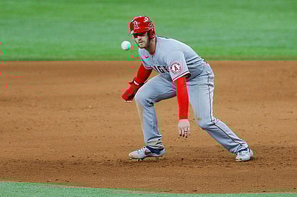 May 18, 2022; Arlington, Texas, USA; Los Angeles Angels right fielder Taylor Ward (3) watches a line drive pass by him during the sixth inning against the Texas Rangers at Globe Life Field. Mandatory Credit: Andrew Dieb-USA TODAY Sports