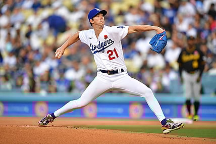 May 30, 2022; Los Angeles, California, USA; Los Angeles Dodgers starting pitcher Walker Buehler (21) throws against the Pittsburgh Pirates during the first inning at Dodger Stadium. Mandatory Credit: Gary A. Vasquez-USA TODAY Sports