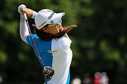 Jun 25, 2022; Bethesda, Maryland, USA; Minjee Lee plays her shot from the third tee during the third round of the KPMG Women's PGA Championship golf tournament at Congressional Country Club. Mandatory Credit: Scott Taetsch-USA TODAY Sports