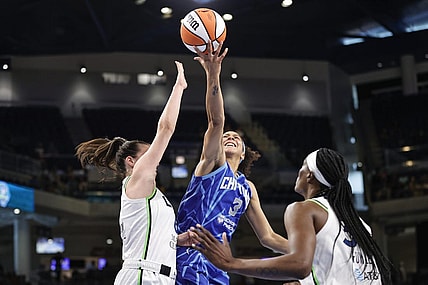 Jun 26, 2022; Chicago, Illinois, USA; Chicago Sky forward Candace Parker (3) shoots against the Minnesota Lynx during the first half of a WNBA game at Wintrust Arena. Mandatory Credit: Kamil Krzaczynski-USA TODAY Sports