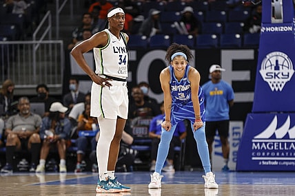 Jun 26, 2022; Chicago, Illinois, USA; Chicago Sky forward Candace Parker (3) stands next to Minnesota Lynx center Sylvia Fowles (34) during the first half at Wintrust Arena. Mandatory Credit: Kamil Krzaczynski-USA TODAY Sports