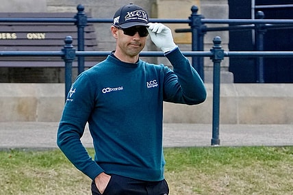 Jul 14, 2022; St. Andrews, SCT; Cameron Tringale reacts before teeing off on the first hole during the first round of the 150th Open Championship golf tournament at St. Andrews Old Course. Mandatory Credit: Michael Madrid-USA TODAY Sports