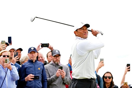 Jul 15, 2022; St. Andrews, SCT; Tiger Woods tees off on the seventh hole during the second round of the 150th Open Championship golf tournament at St. Andrews Old Course. Mandatory Credit: Rob Schumacher-USA TODAY Sports